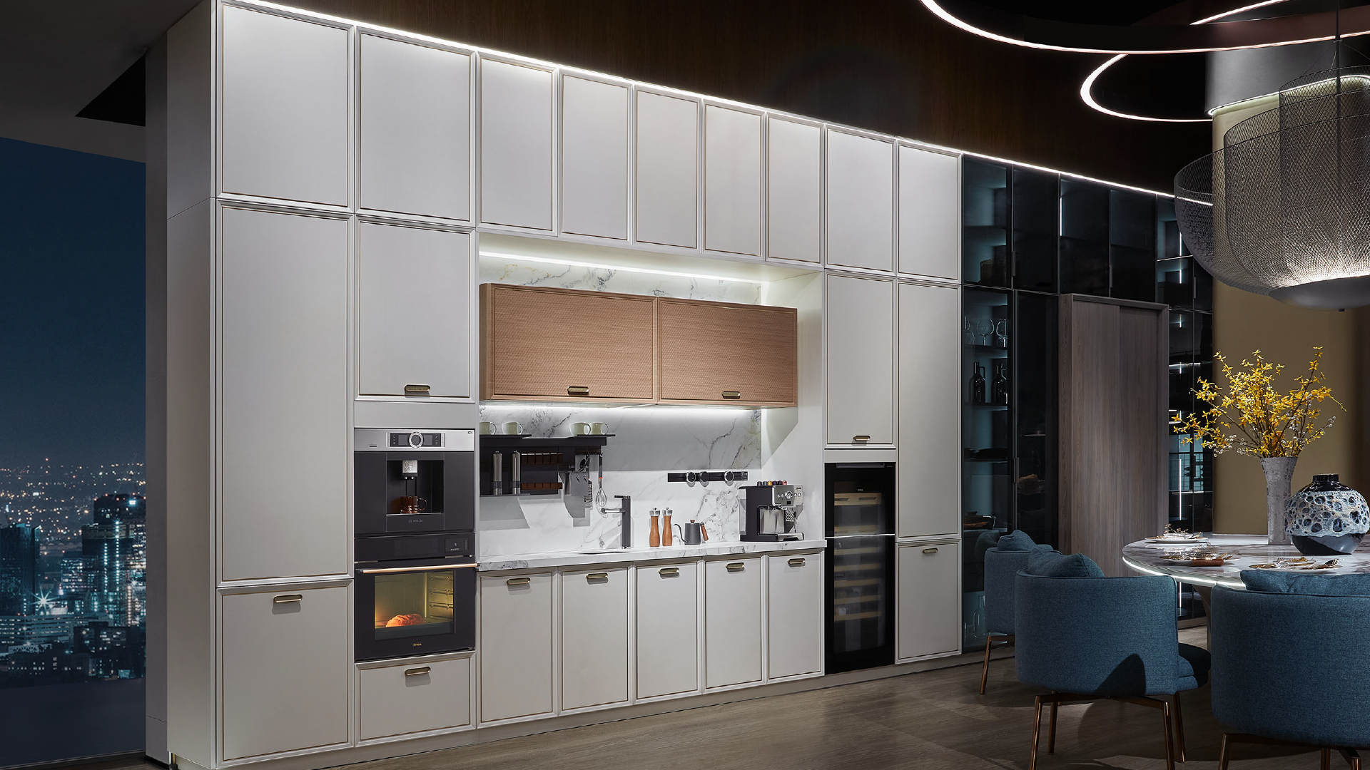 New Style white slim shaker kitchen cabinets with golden lines