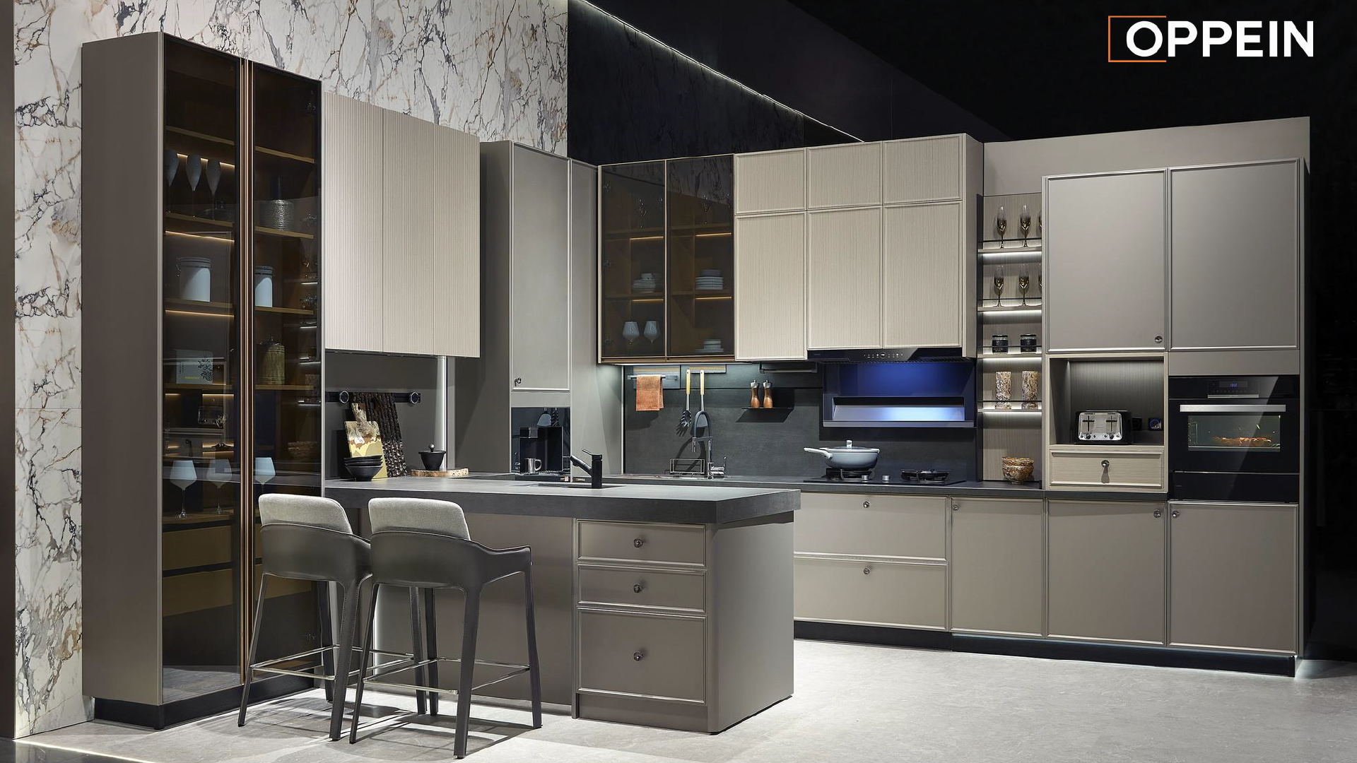 Single Wall Grey PVC Built-in Kitchen Cabinets - FEICHE
