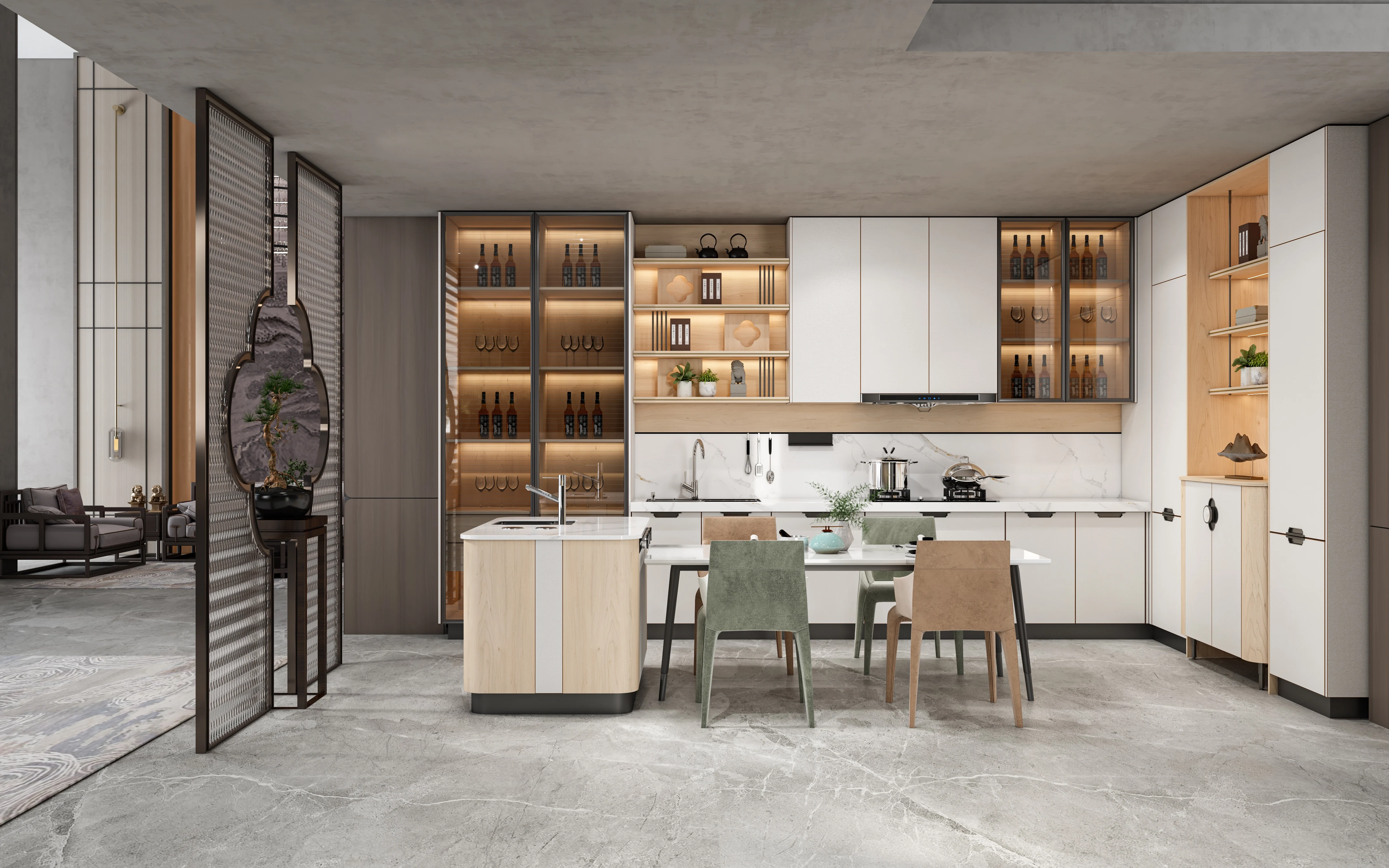 Modern White Kitchen cabinets with wood accents brocade