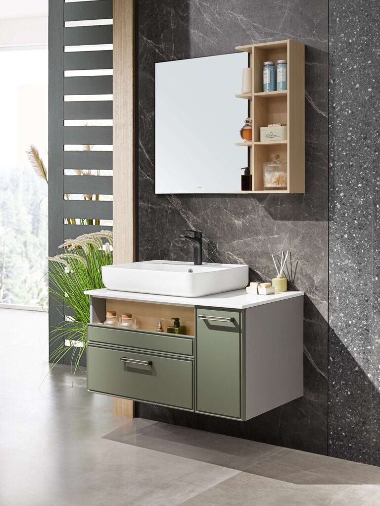 Green Lacquer & Wood Grain Bathroom Cabinet by OPPEIN Kenya
