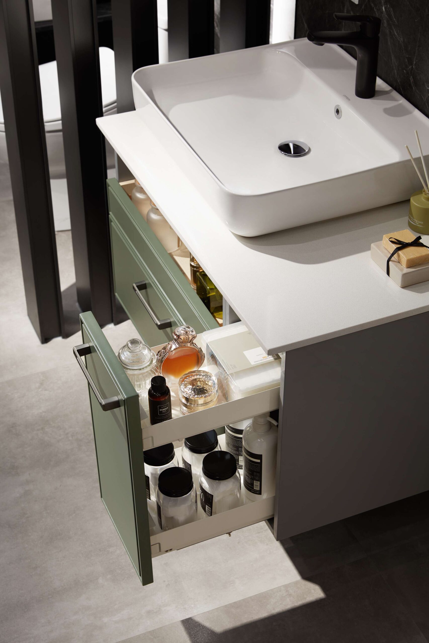 Green Lacquer & Wood Grain Bathroom Cabinet by OPPEIN Kenya