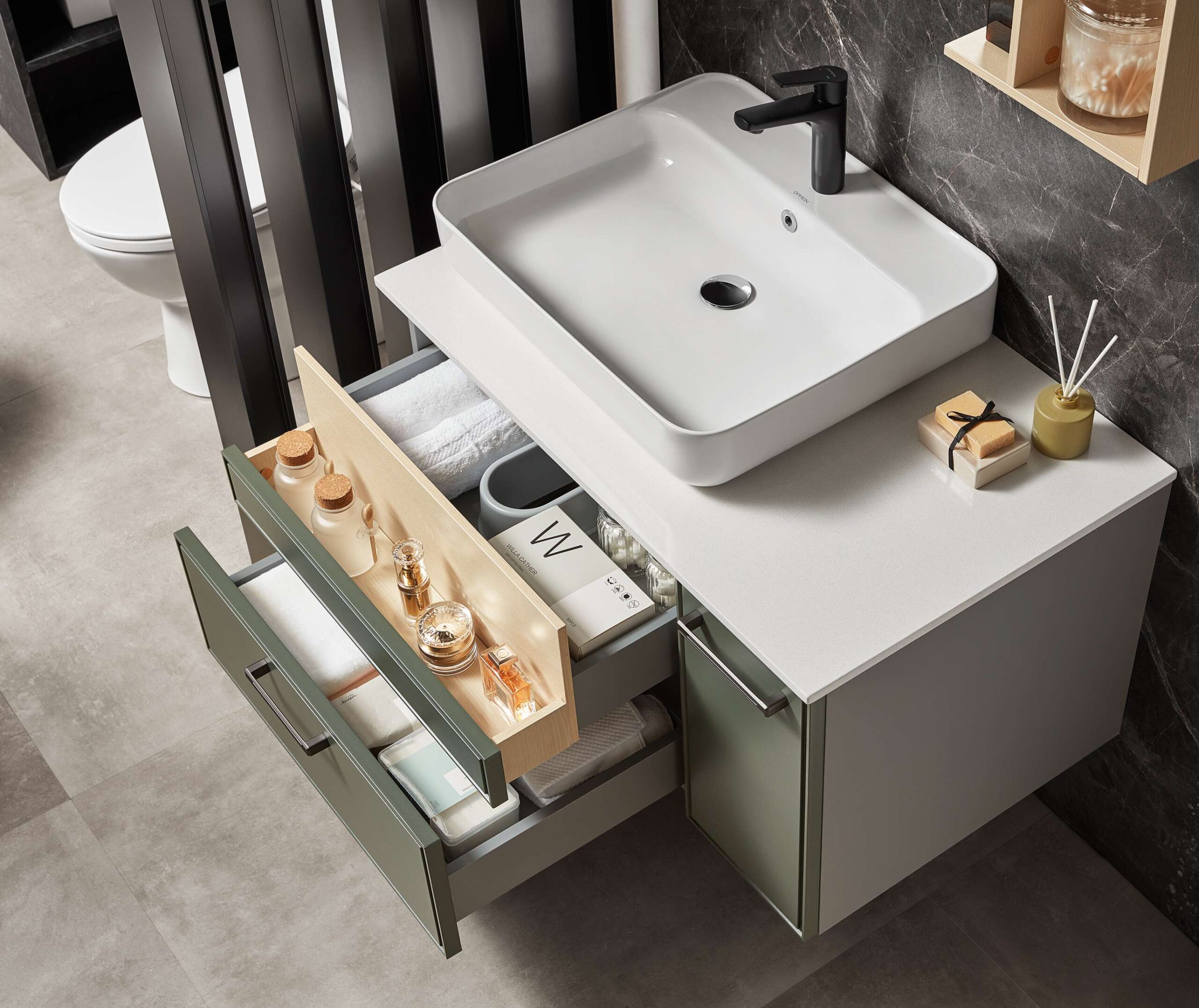 Green Lacquer & Wood Grain Bathroom Cabinet by OPPEIN Kenya