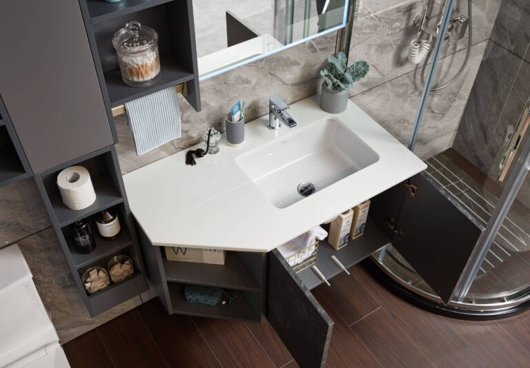 Modern Black Bathroom Vanity in HPL and Lacquer Finish by OPPEIN Kenya