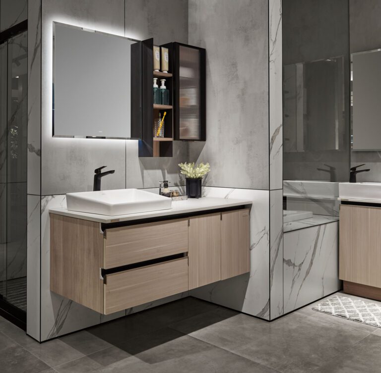Light Wood Tone HPL Custom Bathroom and Laundry Cabinets by OPPEIN Kenya