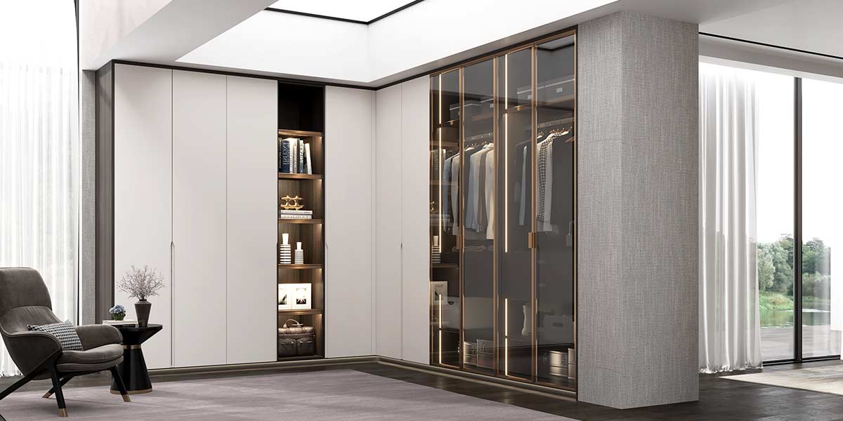 Modern L-shaped Wardrobe with Glass Door Design by OPPEIN Kenya