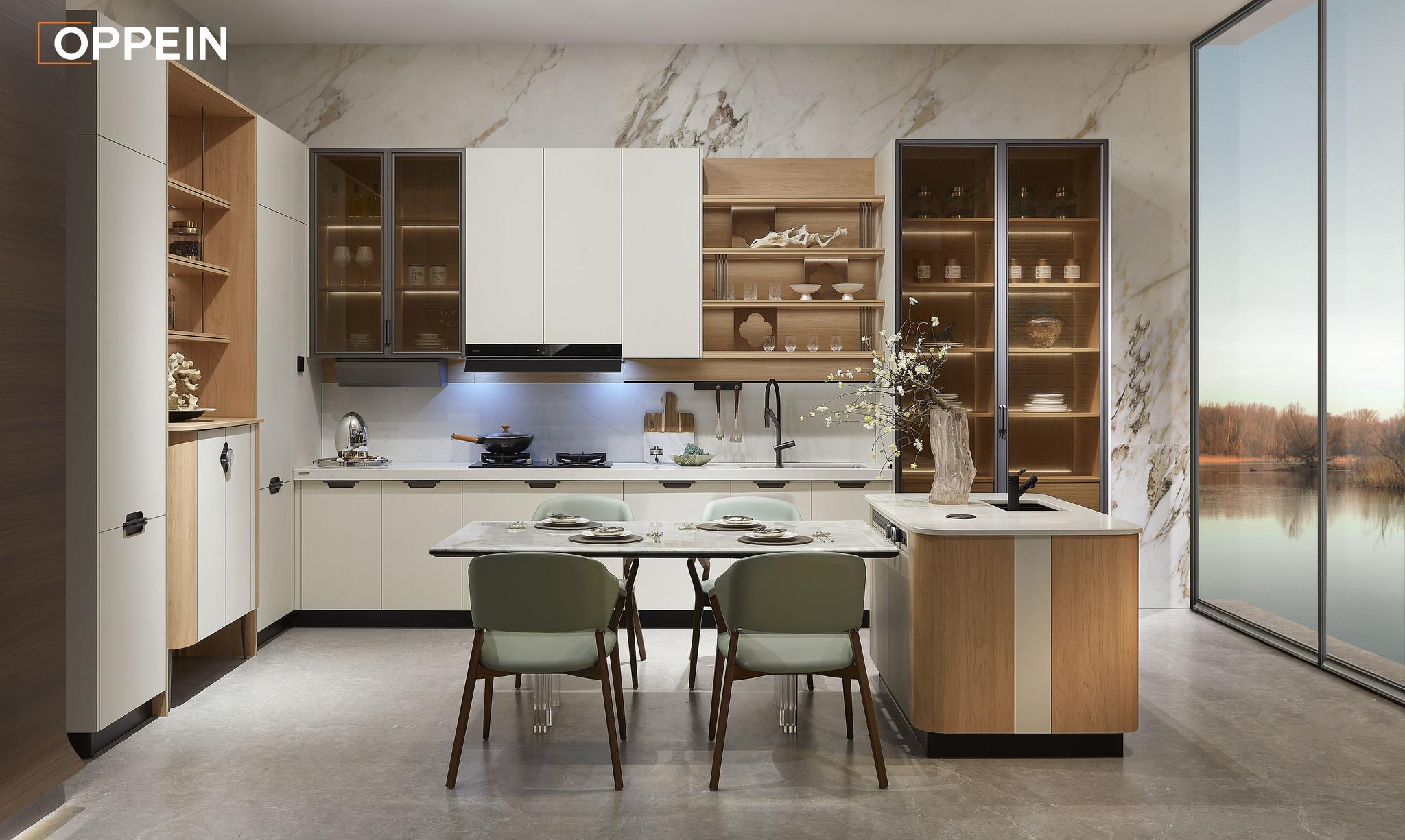Modern White Kitchen Cabinets with Wood Accents - BROCADE by OPPEIN Kenya
