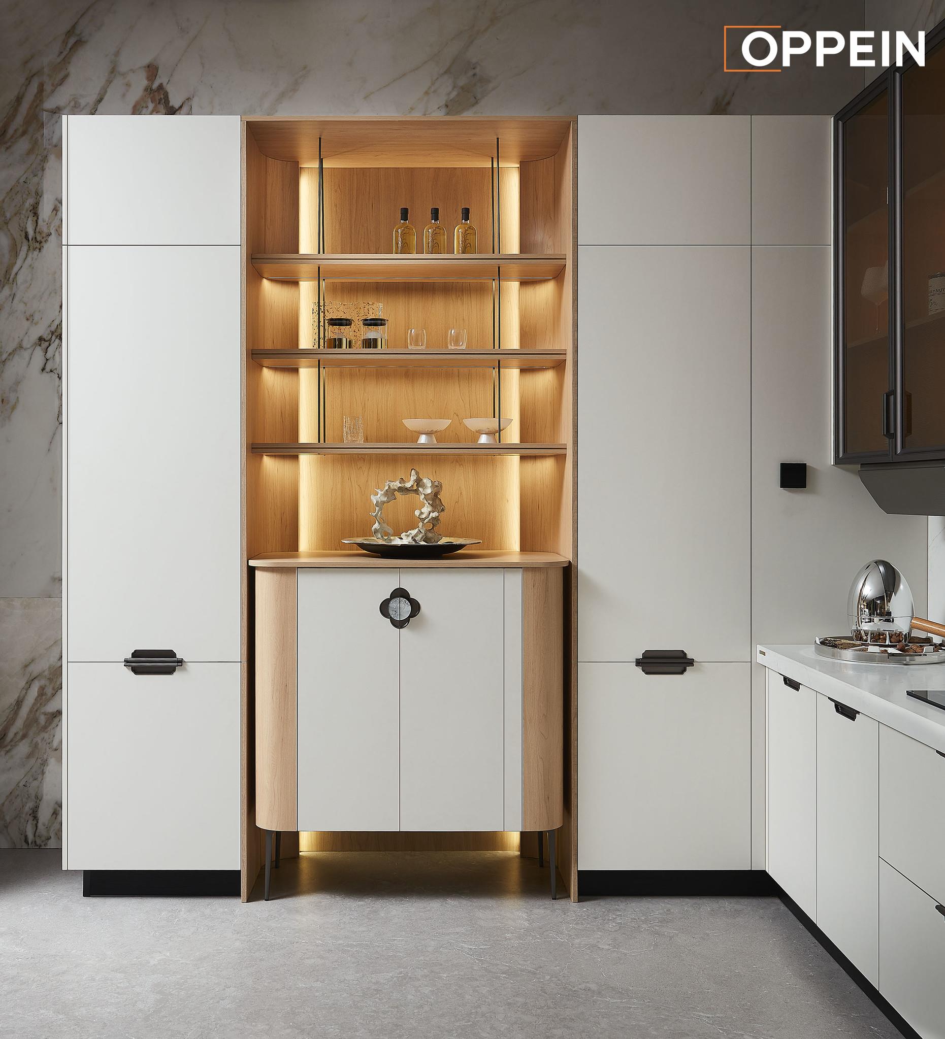Modern White Kitchen Cabinets with Wood Accents - BROCADE by OPPEIN Kenya