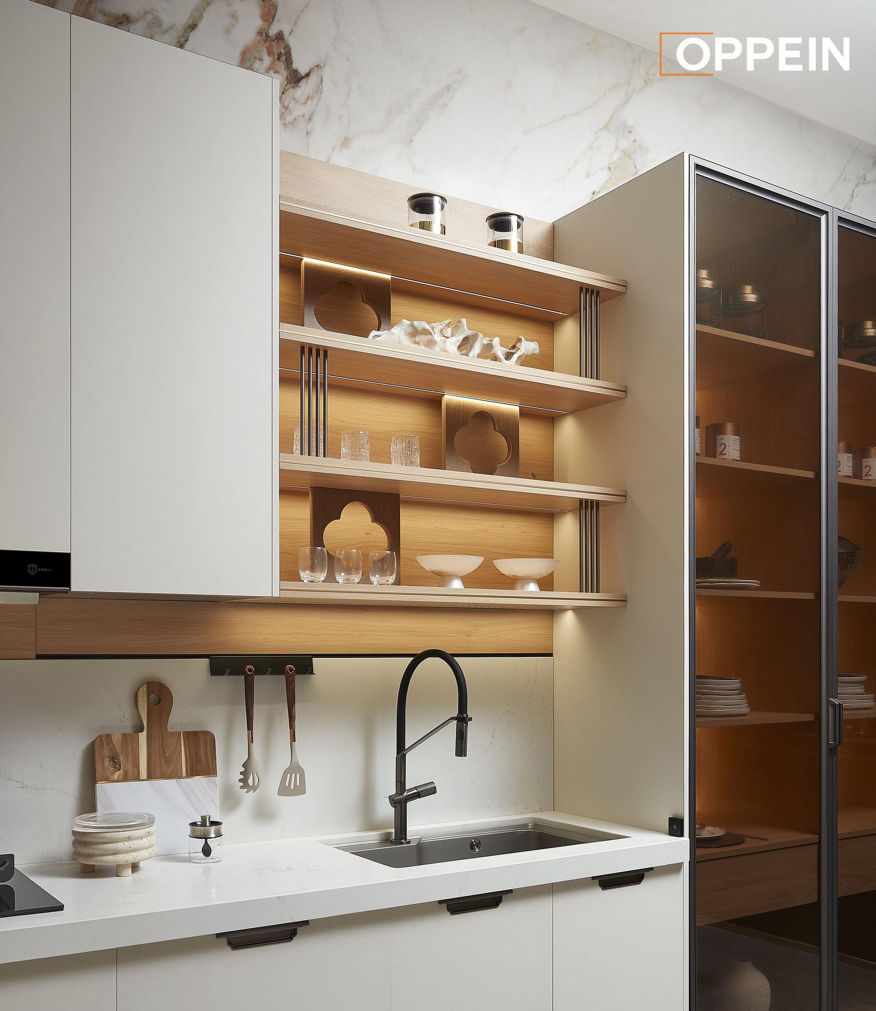 Modern White Kitchen Cabinets with Wood Accents - BROCADE by OPPEIN Kenya